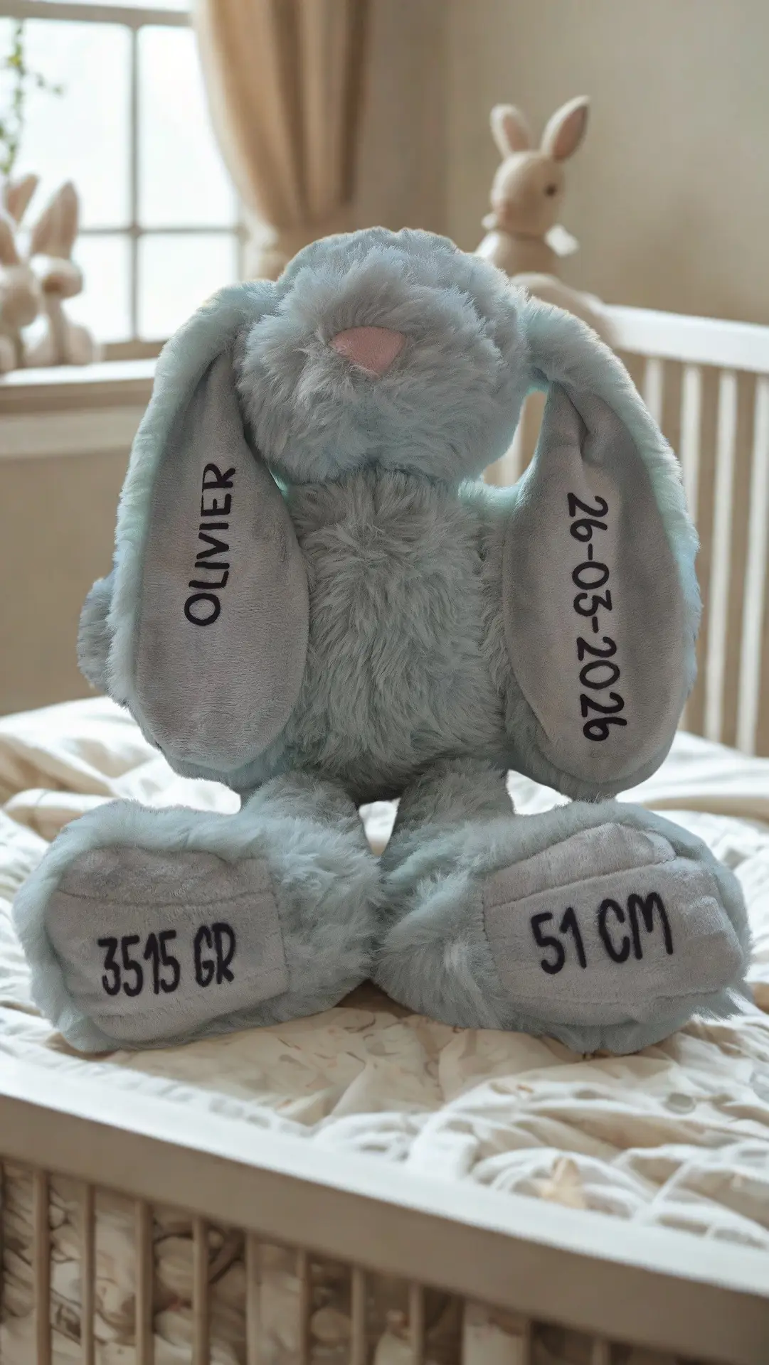 Geboorte knuffelkonijn; oren en voetjes gepersonaliseerd